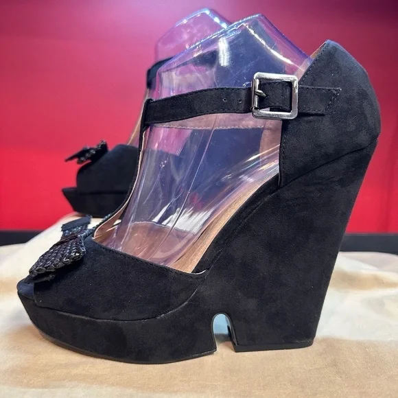 Crown Vintage Black 5.5” Wedge Heels Fabric Faux Suede With Bow Women’s Size 10M - Picture 3 of 12
